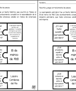 Hoja de actividades para aprender sobre la expropiación petrolera de México en marzo de 1938. Incluye piezas de rompecabezas para cortar y pegar con texto en español sobre el evento histórico y el presidente involucrado, Lázaro Cárdenas del Río.